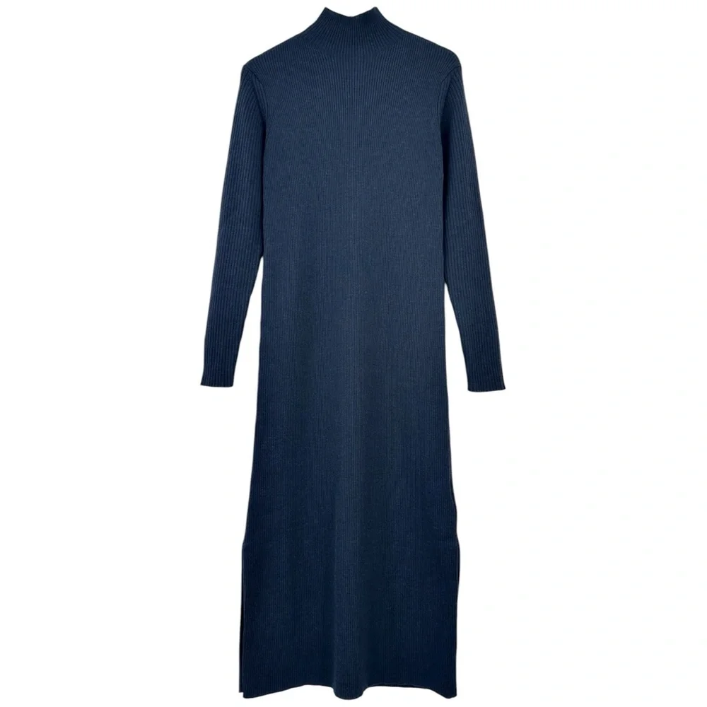 NWT Studio Nicholson Vico Navy Blue Roll High Neck Wool Rib Knit Midi Dress sz 1 - Picture 4 of 12